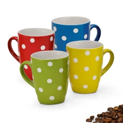 Afbeelding van Mokken set van 4 in blauw rood geel en groen mooie keramische koffiekopjes 250 ml voor cappuccino koffie thee buitengewone vaatwasmachinebestendig magnetronbestendig als cadeau