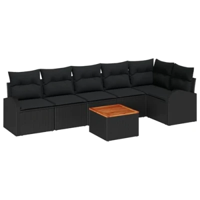Afbeelding van vidaXL 7 delige Tuin Sofa Set met Kussens Zwart Poly Riet Acacia