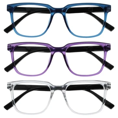 Afbeelding van OPULIZE LEO Leesbril 3 Pack Groot Rechthoekig Montuur Blauw, Paars, Transparant Heren Dames Veerscharnieren RRR55 35C +1.00