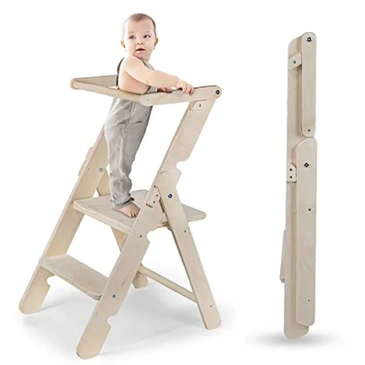 Afbeelding van CAWI® Montessori Leren toren, inklapbaar, van hout, leerstoel voor kinderen, keukentoren en keukenhulp, leertoren, kinderstoel, opstapkruk vanaf 1 jaar 2/3