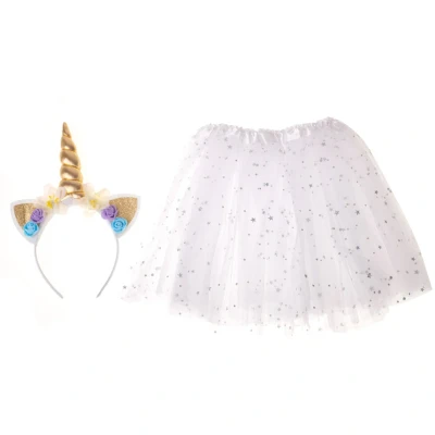 Afbeelding van Kinder verkleedkleren / carnaval outfit unicorn glitters Met tutu wit Verkeedset voor kinderen haarband en