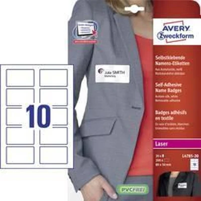 Afbeelding van Avery Zweckform L4785 20 Naametiketten 80 x 50 mm Acetaatzijde Wit 200 stuk(s) Weer verwijderbaar Laser (kleur), (zwart/wit), Handschriften