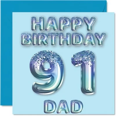 Afbeelding van 91e verjaardagskaart voor papa blauwe glitter feestballonnen gelukkige verjaardagskaarten 91 jarige vader van zoon dochter, 145 mm x cadeau