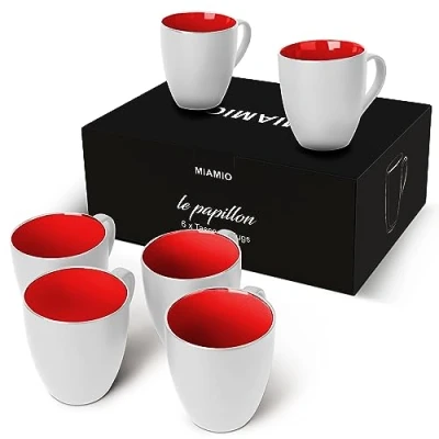 Afbeelding van MIAMIO 6 x 350 ml aardewerk koffiemokken/beker set (wit rood)