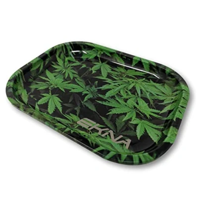 Afbeelding van EKNA Rolling Tray 18x14x1,6cm kruimelschaal mengschaal weed draaiplateau klein bouwonderlegger set versch. designs (Hamp Leaves)