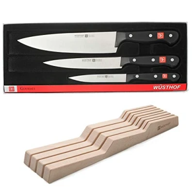 Afbeelding van Wüsthof TR9675 8 Starter Set met 3 gastronomische messen (kantoor, chef kok en brood) houten lade messenrek