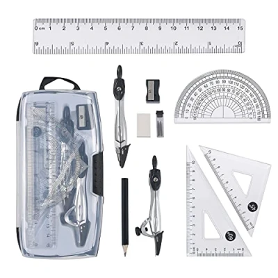 Afbeelding van Vicloon geometrische set, 10 stuks liniaal, protractorkompas, potlood, navullingen, loodpotlood, gum voor studenten, technische tekeningen
