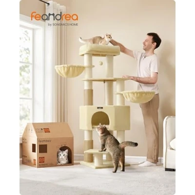 Afbeelding van Feandrea Krabpaal met zelfverwarmende dekens voor grote kat, krabpaal, 2 kattenborstels, 10 cm dikke stammen, platforms, grot, 50 x 160 cm, zandbeige PCT003Y01