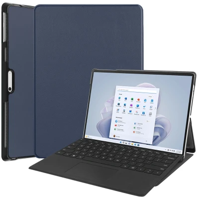 Afbeelding van Microsoft Surface Pro 9 Hoes: iMoshion Trifold Bookcase Donkerblauw Kunstleder Tablet Hoezen
