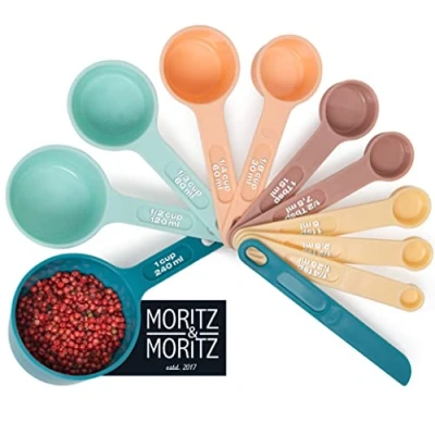 Afbeelding van Moritz &amp; Set met maatlepels, 11 delig, stapelbaar, maatbekers en lepels van 1,25 tot 240 ml, 4 kleuren, 10 maten spreadspatel, voor koken bakken
