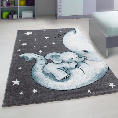 Afbeelding van Kids Olifant Vloerkleed Kinderkamer Blauw / Grijs Laagpolig 80x150 cm
