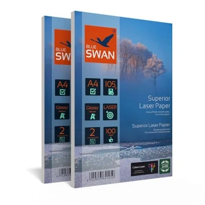 Afbeelding van BLUE SWAN A4 Superior Laser Glanzend Papier, 105g/m², Dubbelzijdige Glans, Hoge Kleuropbrengst, Compatibel met Laserprinters, 200 Vellen (2 Pakketten van 100)