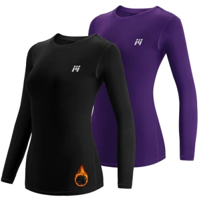 Afbeelding van MEETWEE Thermisch shirt voor dames, compressieondergoed met lange mouwen, ski, functionele thermische basislaag, ademend, warm en sneldrogend, zwart + paars, S