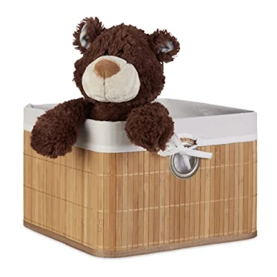 Afbeelding van Relaxdays opbergmand bamboe, stof, decoratie, accessoires, speelgoed, voor in kast, HBD: ca. 20x31x31 cm, natuur
