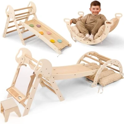 Afbeelding van Goodevas 5 in 1 Montessori klimrek set: indoor klimdriehoek, klimboog met kussen, glijbaan voor kinderen en kunst toevoegen, speelplaats 3 jaar