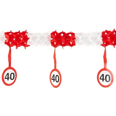 Afbeelding van 40e verjaardag decoratie slinger verkeersbord rood / wit originele verjaardagsdecoratie voor een geslaagde vrouwen of mannen Tiwoca