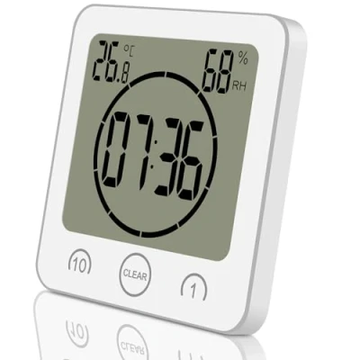 Afbeelding van ALEENFOON digitale waterdichte klok douche badkamer zuignap keuken timer hygrometer thermometer binnen groot scherm wekker op batterijen (wit)