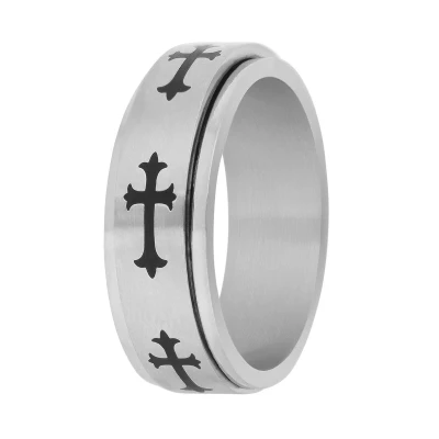 Afbeelding van Lucardi Heren Gerecycled stalen anxiety Ring met zwart kruis Staal Zilverkleurig 23 / 72 mm
