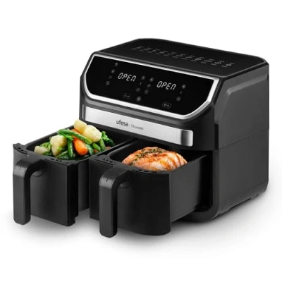 Afbeelding van Ufesa Thunder Air fryer, Lucht Friteuse zonder olie, 2 Bak pannen, 9L (4,5L + 4,5L), 11 Kook programma&#039;s, 1700 W, Touch paneel, Temperatuur (80ºC 200ºC)en tijd instelbaar en Anti baklaag