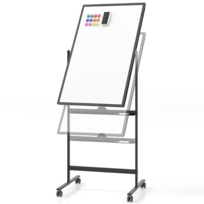 Afbeelding van COSTWAY Dubbelzijdig mobiel whiteboard, 60 x 100 cm, in hoogte verstelbaar magnetisch whiteboard met wieltjes, standaard en pennenbakje, incl. accessoires voor school, kantoor, thuis (zwart)