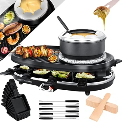 Afbeelding van KESSER® 3 in 1 raclette grill met natuurlijke grillsteen, grillplaat en fondue, tafelgrill voor 8 personen, elektrische grill, anti aanbaklaag, pannen houten spatel