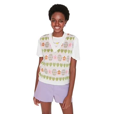 Afbeelding van TRENDYOL Dames V hals effen kleuren nauwsluitend gebreid vest sweater, ecru, S, S