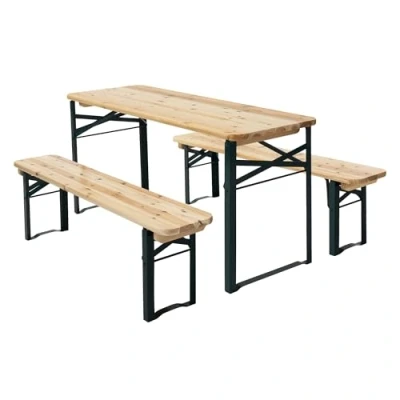 Afbeelding van ML Design 3 delige Opvouwbare Kinderzitgroep Naturel Groen van Massief Hout en Metaal Kinderset met 2 Zitbanken Tafel Buitenset voor Kinderen Picknickmeubel Speelset Kinderfeesttafel Partymeubel