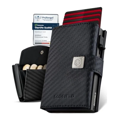 Afbeelding van SF SCOFIELD Trinity Slim Wallet met muntenvak, premium creditcardhouder voor heren, 10 12 kaarten, RFID bescherming, portefeuille mannen, Smart Wallet, Carbon mat zwart, Münzfach Max,