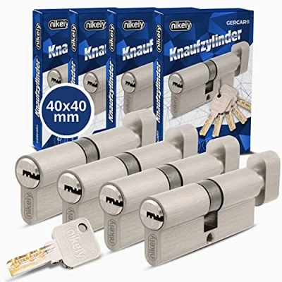 Afbeelding van GERCAR Pro Knopcilinderslotenset, 40/40, massieve slotcilinder, gelijksluitend met knop set van 4 cilindersloten messing, mat vernikkeld inclusief 10x keersleutels, lengte: 80 mm, A: 40 B: