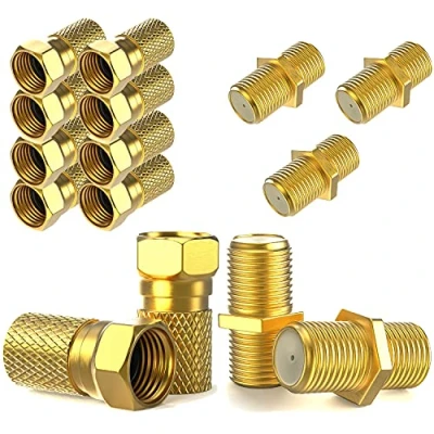Afbeelding van F stekker 7 mm 10 x + connectoren 5X verguld rubberen afdichting brede moer schroefbaar verlenging voor coaxiale antennekabel coax SAT kabel BK systemen satelliet LNB