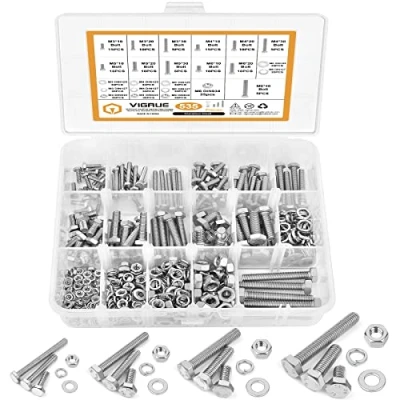 Afbeelding van VIGRUE 535 stuks M3, M4, M5, M6, zeskantschroeven, roestvrij staal, A2 schroeven, set met moeren, sluitringen, DIN933, bouten volledige schroefdraad, machineschroeven, schroefdraadschroeven voor