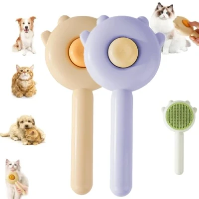 Afbeelding van Self Cleaning Grooming Brush, Paw Cat Brush With Release Button, Pet Floating Hair Massage Comb, Easy Removes Tangles Loose for Short or Long Cats Dogs (Yellow+Purple)