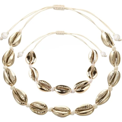 Afbeelding van Fako Bijoux® Schelpjes Ketting &amp; Armband Choker Schelpen Set Goud/Wit