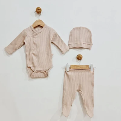 Afbeelding van Newborn baby set 3 delig ribbed Beige 0 3M