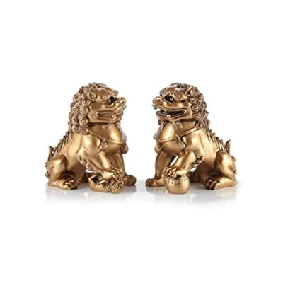 Afbeelding van lachineuse Gouden keizerlijke bewakers leeuwenbeeldjes 2 Chinese leeuwenfiguren 11 x 6,5 4,5 cm Aziatische decoratie voor huis, kantoor, interieur cadeau idee China Azië