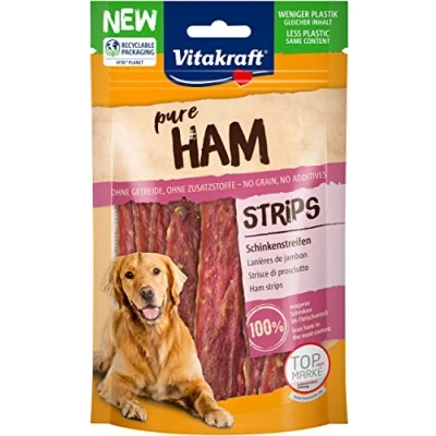 Afbeelding van Vitakraft Vleessnacks, Ham Strips, hamstrips, hondenlekkernijen, graanvrij, in hersluitbare zak, zonder toegevoegde suiker (1 x 80 g)