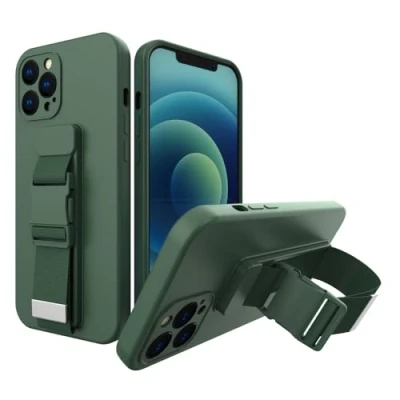 Afbeelding van Touwhoesje gelhoesje met sleutelkoord ketting handtas iPhone 12 Pro Max donkergroen
