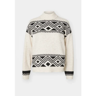 Afbeelding van ONLY Dames Onlvictoria L/S Highneck Pullover KNT gebreide trui, Pumice Stone/Patroon: zwart Jacquard, XS