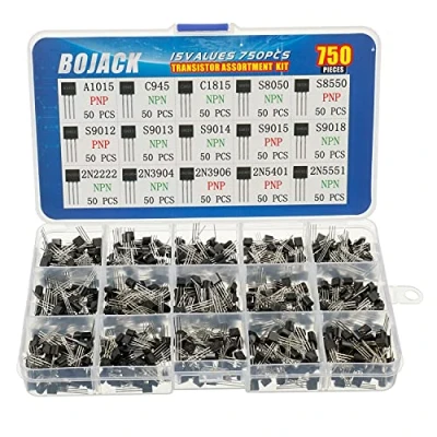 Afbeelding van BOJACK 15 waarden 750 stuks A1015 C945 C1815 S8050 S8550 S9012 S9013 S9014 S9015 S9018 2N2222 2N3904 2N3906 2N5401 2N5551 PNP NPN Voeding Transistors Assortiment voor algemeen gebruik