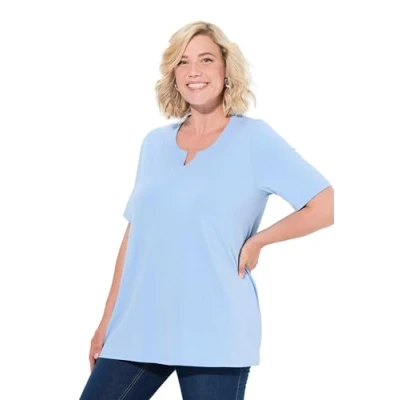 Afbeelding van Ulla Popken Dames grote maten plus size T shirt, A lijn, tuniekhals, halve mouwen, lichtblauw, 58 60