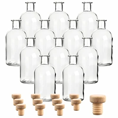 Afbeelding van gouveo Set van 12 glazen flessen 250 ml apotheek met houten handvat Kurk (HGK) Kleine medicijnfles 0,25 l om te vullen Lege fles voor likeur, olie, azijn