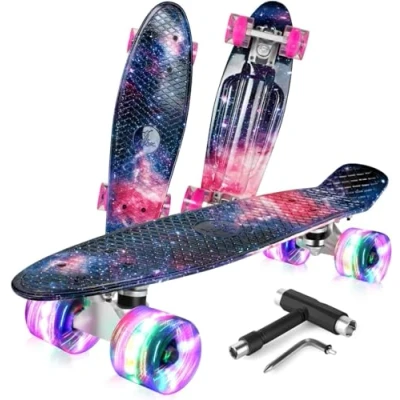 Afbeelding van BELEEV Skateboard Complete Mini Cruiser Retro voor kinderen tieners volwassenen, LED Light up Wheels met All in One Skate T Tool beginners