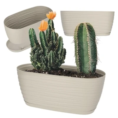 Afbeelding van KADAX bloempot met onderzetter, plantenpot voor binnen, lichte sierpot van kunststof, bloemen en planten, huis, kamer, 27 cm, crème