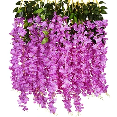 Afbeelding van Nitaiun 12 stengels kunstbloemen nep Wisteria slinger opknoping bloem zijde Wijnstok decoratie voor outdoor indoor home keuken tuin huwelijksceremonie hotel party art decor (paars)