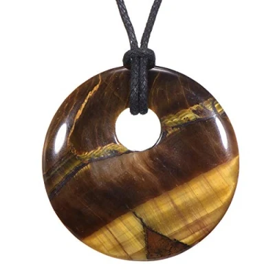 Afbeelding van Morella dames ketting 80 cm met ronde edelsteenhanger tijgeroog in sieradenzakje