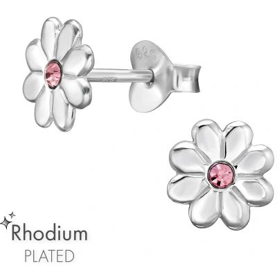 Afbeelding van JoyS Zilveren bloem oorbellen 6 mm roze kristal madelief oorknoppen gehodineerd / rhodium