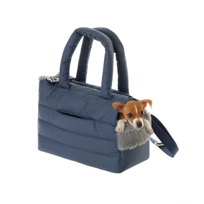 Afbeelding van Hondentas, puppytas, draagtas voor kleine en middelgrote hond, kat S tot 5 kg, tas onderweg, hondendrager met karabijnhaak, transporttas, donkerblauw