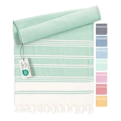 Afbeelding van Fit Flip Hamamdoek Strandhanddoek XXL van 100% gerecycled katoen sneldrogend strandlaken, fouta, pestemal Turkse handdoek ideaal als hamam saunahanddoek en sarong Aqua 100x200cm Diamond