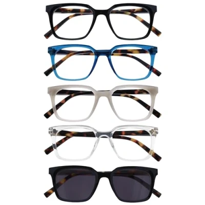 Afbeelding van OPULIZE KOI Leesbrillen met Zonnelezer 5 Pack Rechthoekig Montuur Zwart Blauw Grijs Helder Heren Dames Veerscharnieren RRRRS50 137C1 +1.00