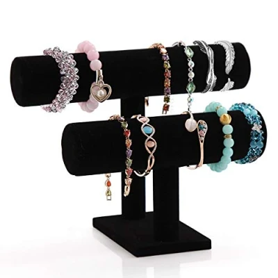 Afbeelding van PowerKing Armband Houder, 2 Tier T Bar Pure Black Velvet Braelet &amp; Ketting Display Stand Sieraden Toren